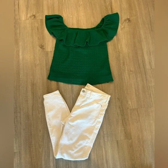 Anthropologie Green Textured Off Shoulder Top blouse casual resort women Medium - Picture 6 of 7